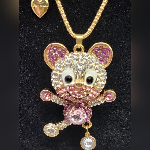 One Legged Pink Crystals Bear Rhinestones Pendant Necklace 2.5 inche Pendant NWT - Picture 3 of 6